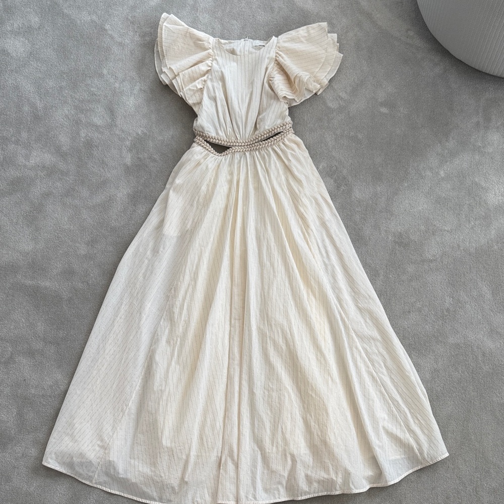 Zimmermann Cream Ruffled Maxi Dress with Braided Waist Detail, size 1